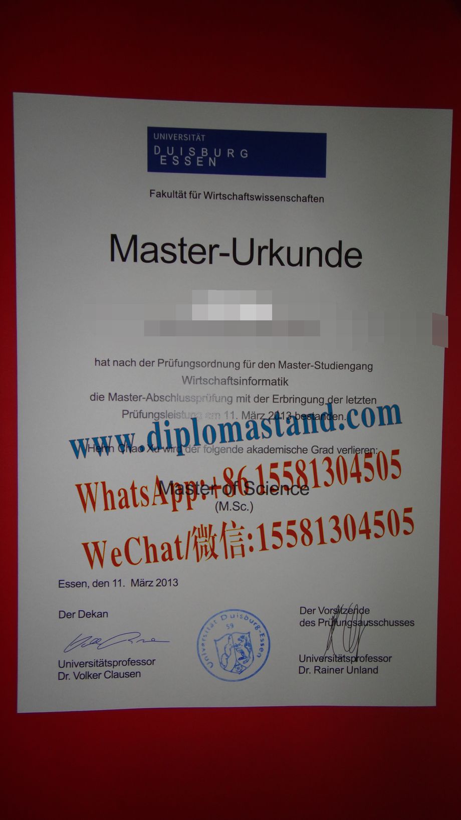 Fake University of Duisburg Diploma Certificate