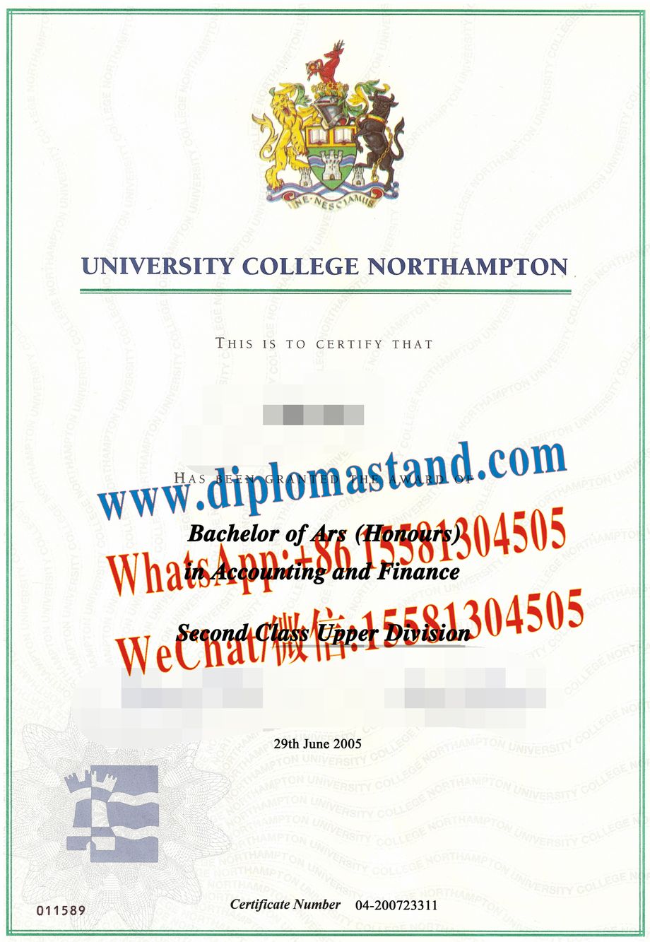 Fake University of Northampton(UON） Diploma Makers