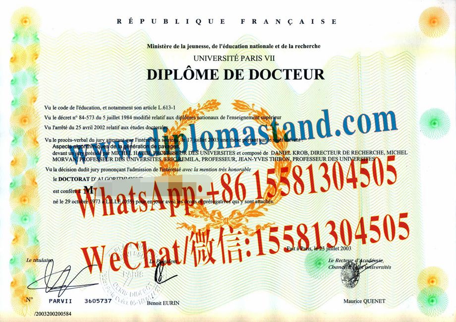 Fake Université Paris Diderot  Paris VII Diploma Transcript