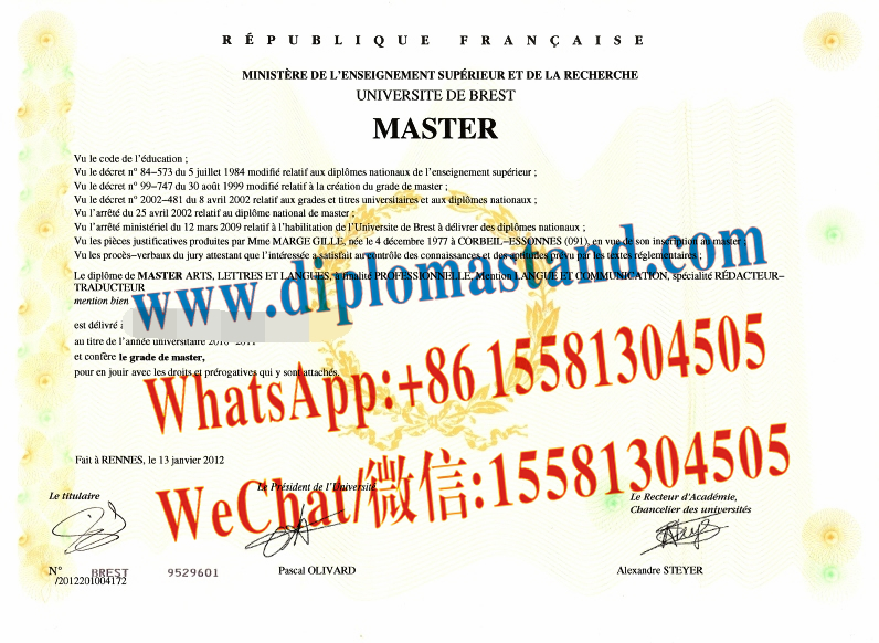 Fake Université de Bretagne Occidentale Diploma Transcript