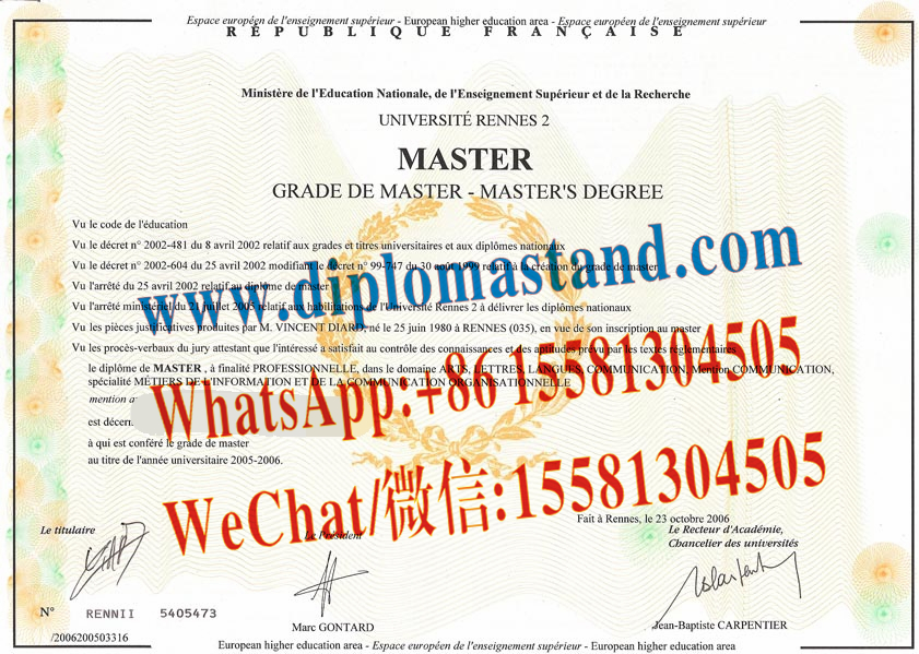 Fake Université rennes 2 Diploma Transcript