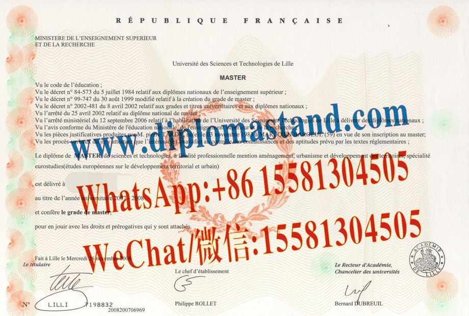 Fake UniversitéLille1SciencesetTechnologies Diploma Transcript